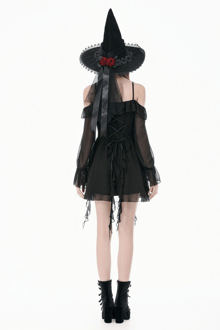Black Gothic Off-Shoulder Dress with Ruffle Layers viewed from the back, featuring sheer bell sleeves and lace-up details.