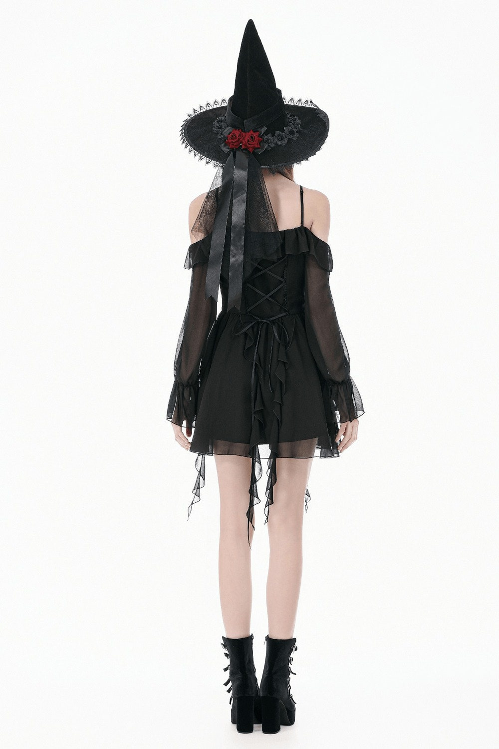 Black Gothic Off-Shoulder Dress with Ruffle Layers viewed from the back, featuring sheer bell sleeves and lace-up details.