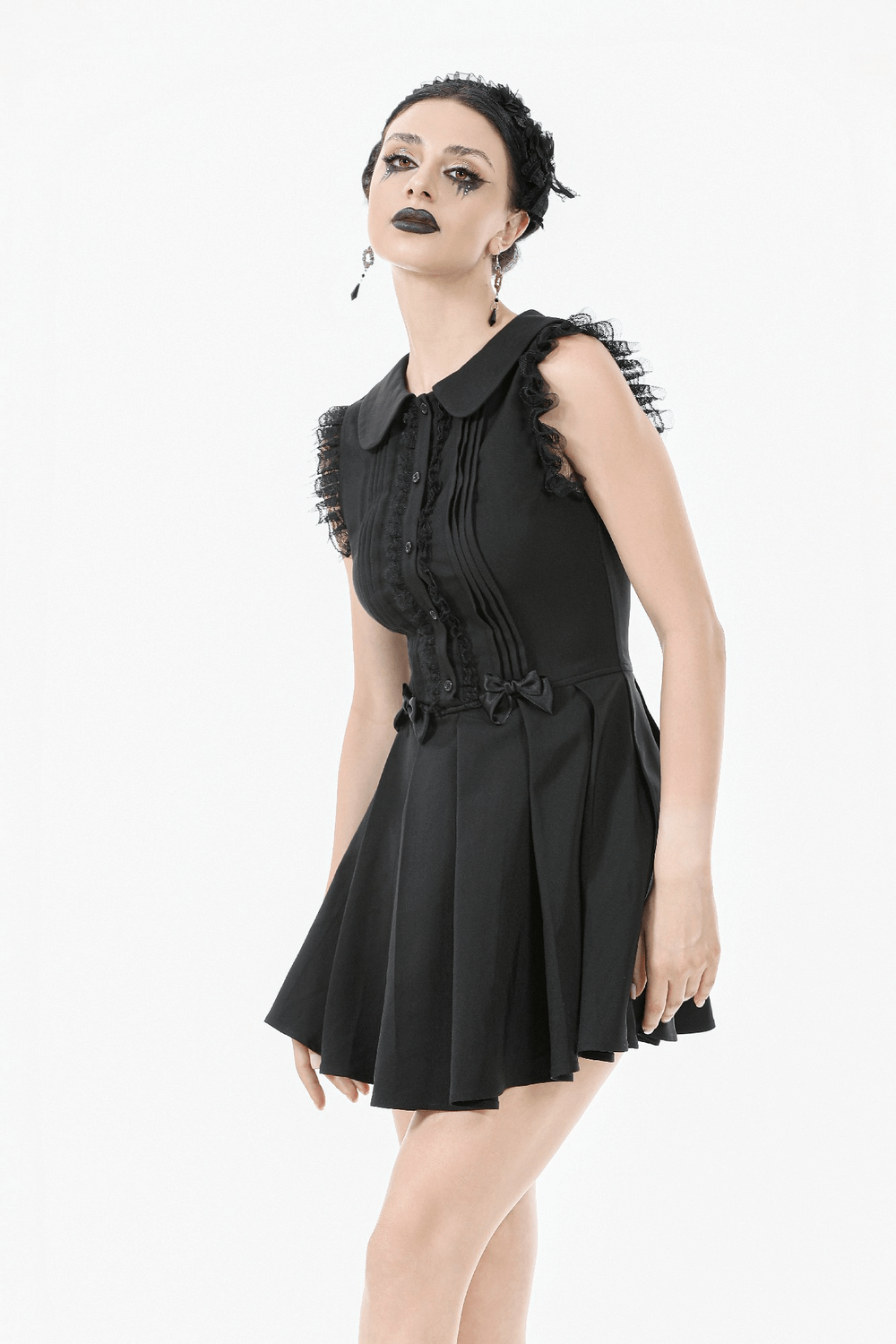 Black Gothic Sleeveless Dress with Lace Trim and Bows - image 11