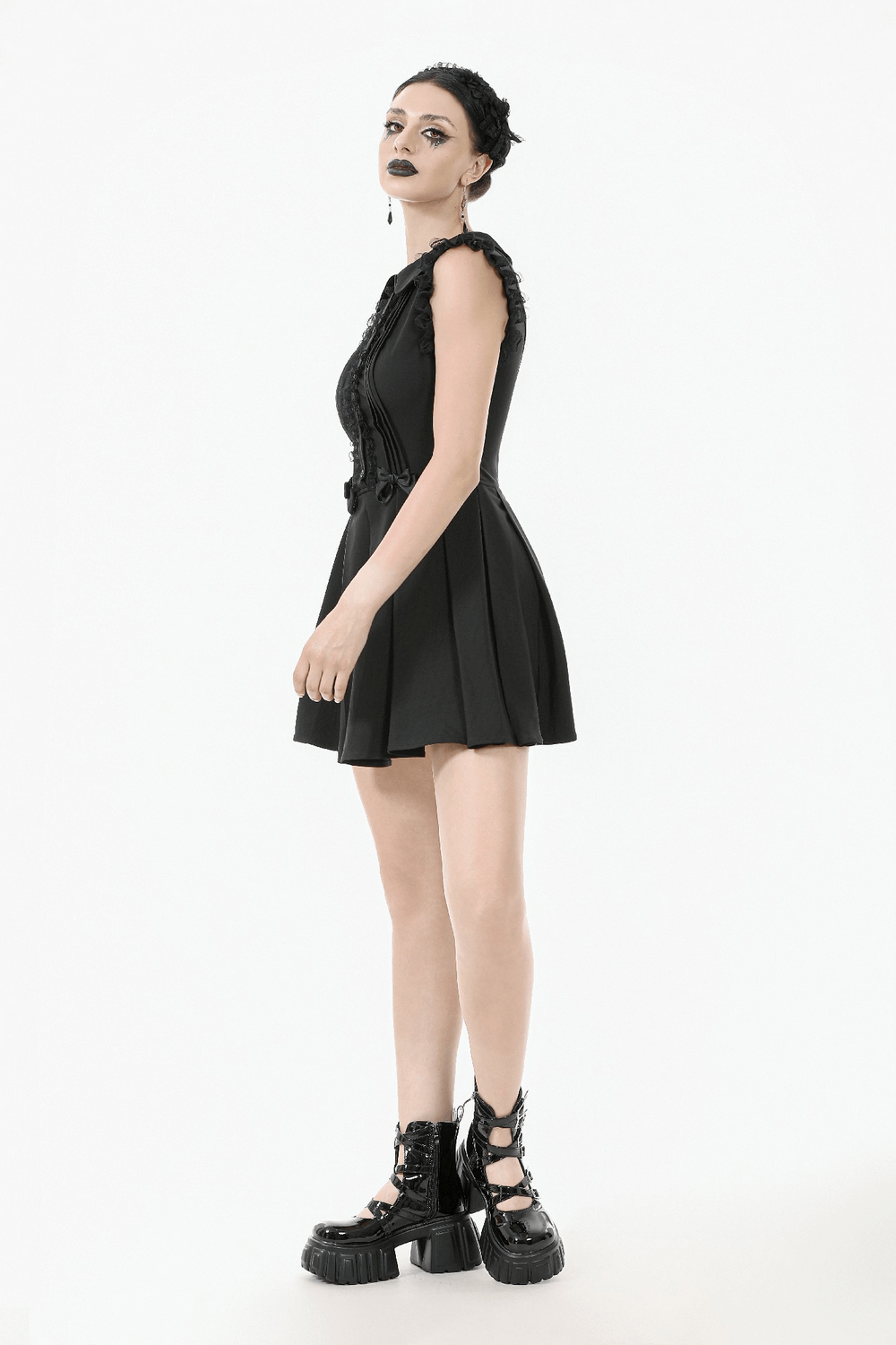 Black Gothic Sleeveless Dress with Lace Trim and Bows - image 13
