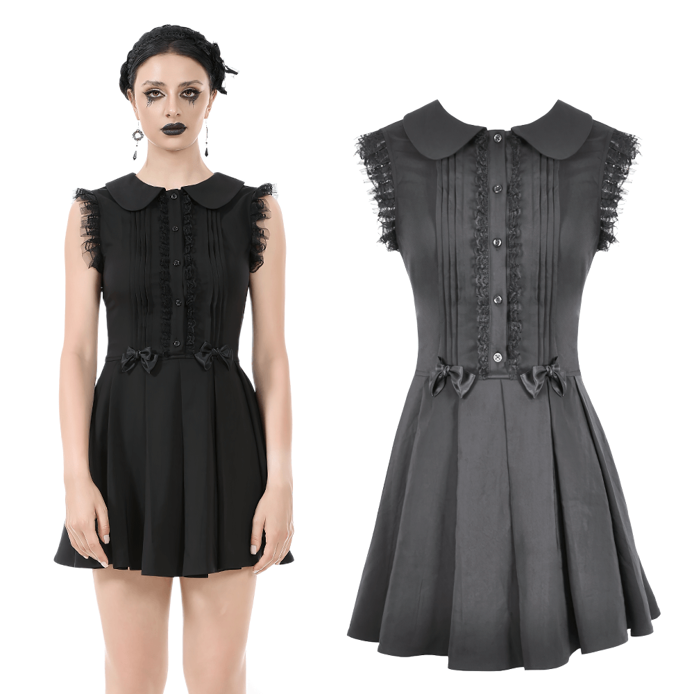 Black Gothic Sleeveless Dress with Lace Trim and Bows - image 3