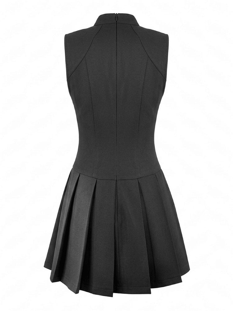 Black Gothic Sleeveless Mini Dress with Lace-Up Waist - back view showcasing pleated skirt and sleeveless design.