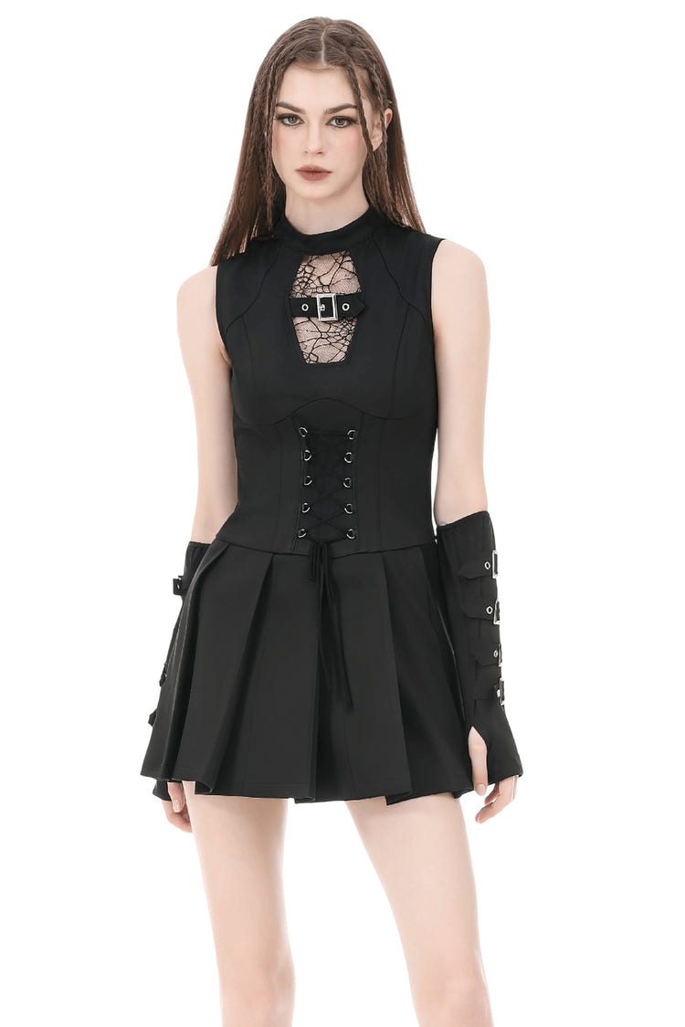 Black Gothic Sleeveless Mini Dress with Lace-Up Waist featuring a corset bodice and spiderweb cutout detail.