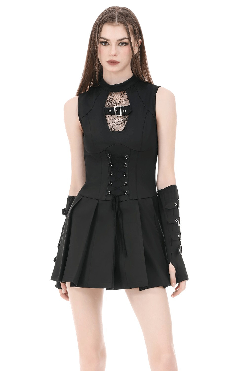 Black Gothic Sleeveless Mini Dress with Lace-Up Waist featuring a corset bodice and spiderweb cutout detail.