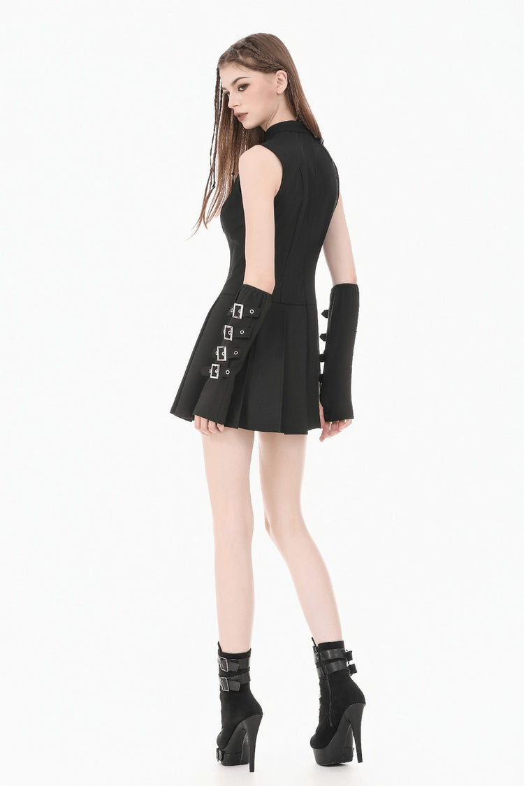 Black Gothic Sleeveless Mini Dress with Lace-Up Waist showcased with a flared pleated skirt and punk details.