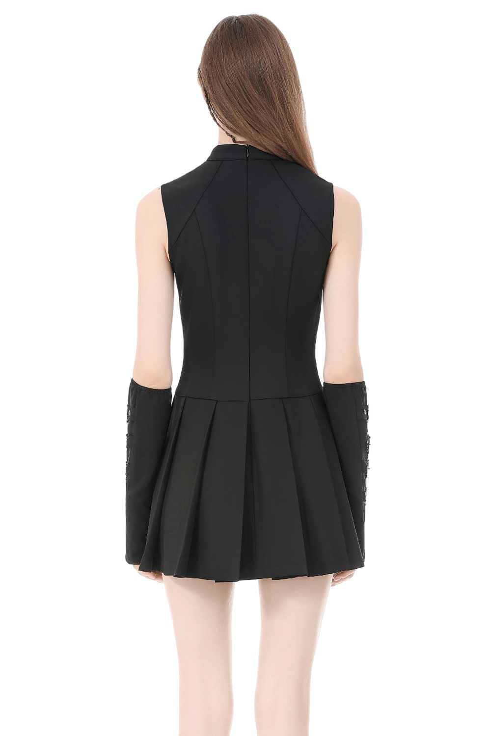 Black Gothic Sleeveless Mini Dress with Lace-Up Waist showcased from the back, featuring a pleated skirt and lace-up details.