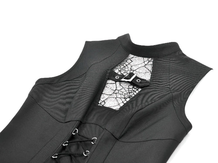 Black Gothic Sleeveless Mini Dress with Lace-Up Waist featuring spiderweb cutout and lacing details.