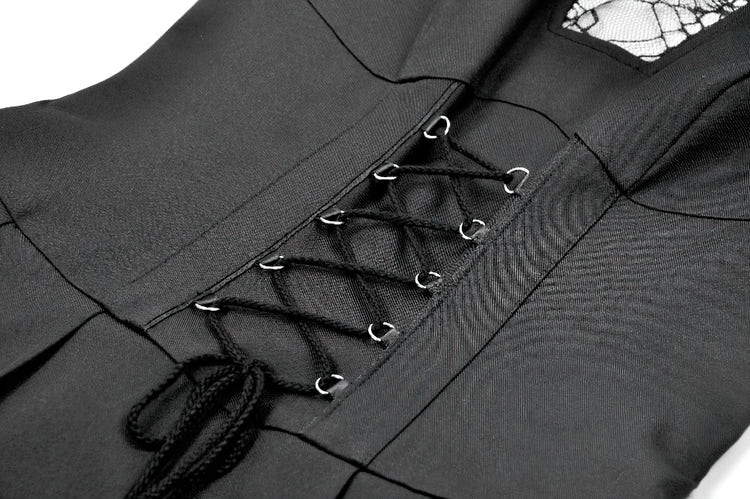 Close-up of lace-up detail on Black Gothic Sleeveless Mini Dress with Lace-Up Waist showcasing spiderweb cutout.