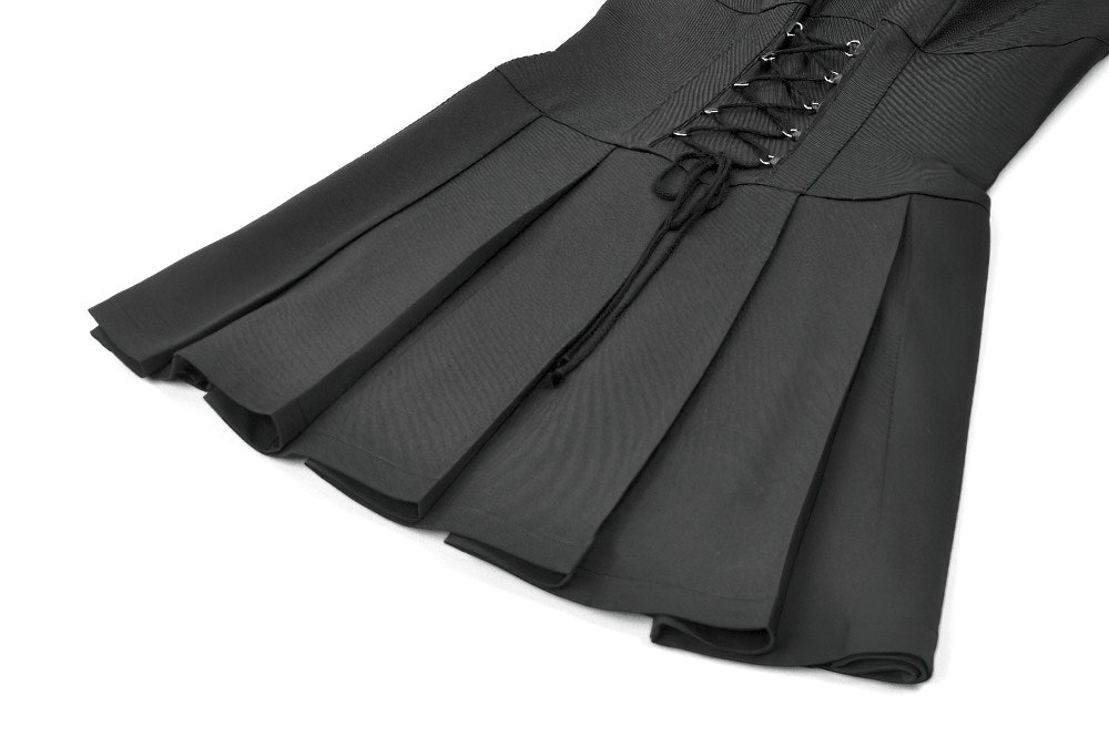 Black Gothic Sleeveless Mini Dress with Lace-Up Waist showcasing pleated skirt and corset-style lacing.