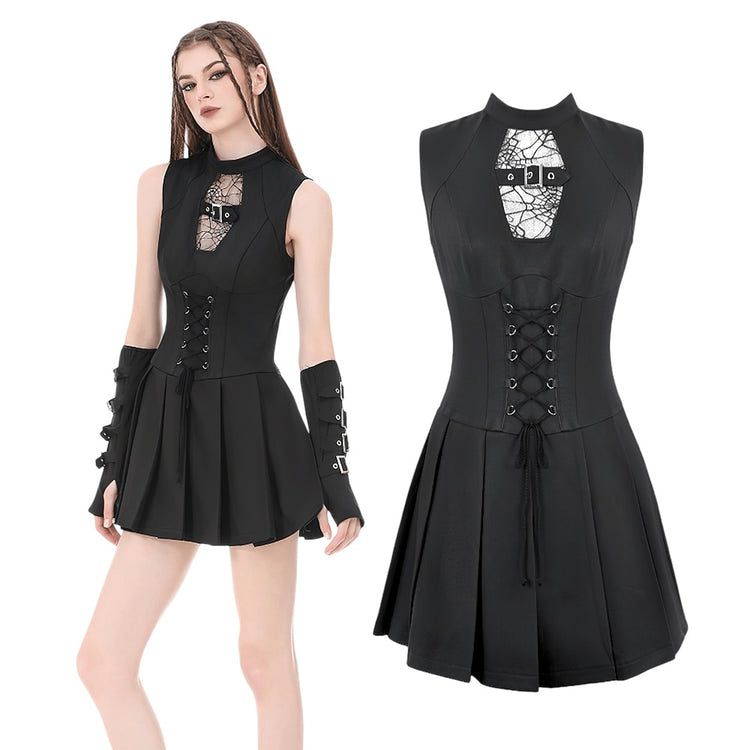 Black Gothic Sleeveless Mini Dress with Lace-Up Waist featuring lace cutout and pleated skirt.