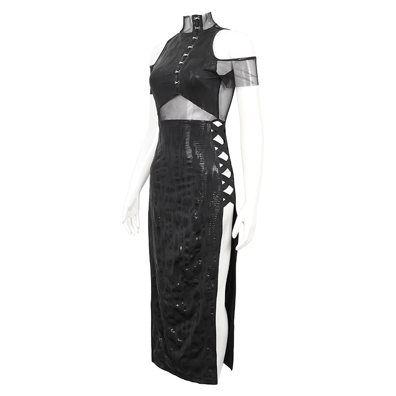 Black Irregular Off Shoulder Splice Split Dress / Women's Mesh Slim Fitted Dress on Sides - image 4