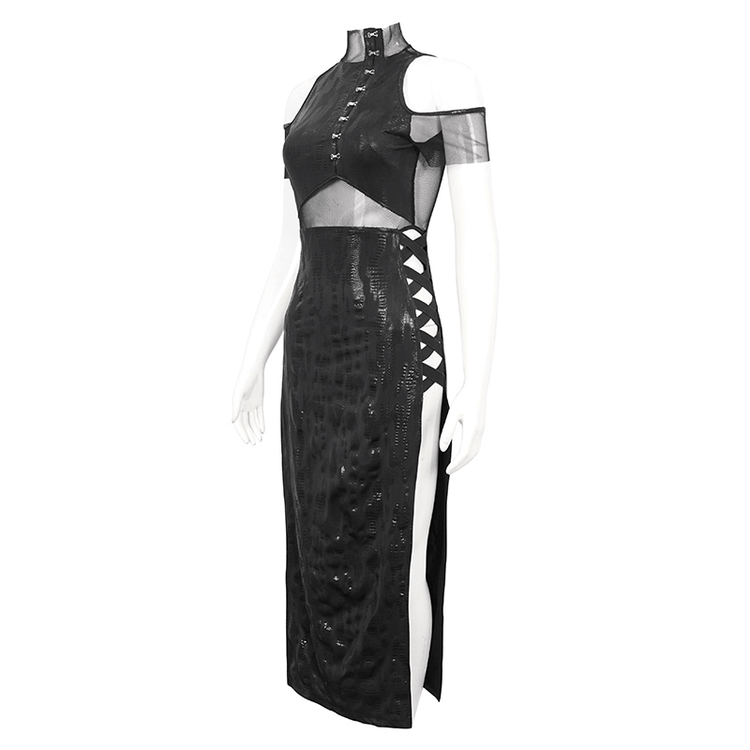 Black Irregular Off Shoulder Splice Split Dress / Women's Mesh Slim Fitted Dress on Sides - image 4