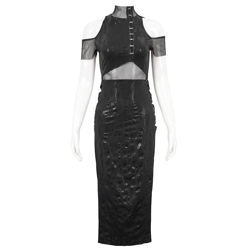 Black Irregular Off Shoulder Splice Split Dress / Women's Mesh Slim Fitted Dress on Sides - image 3