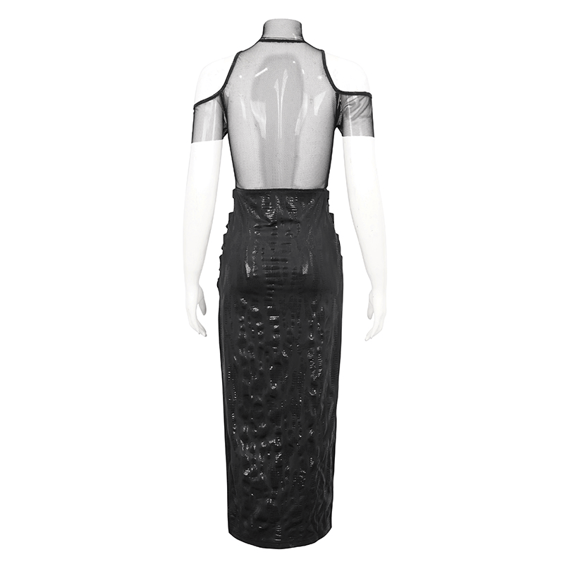 Black Irregular Off Shoulder Splice Split Dress / Women's Mesh Slim Fitted Dress on Sides - image 5