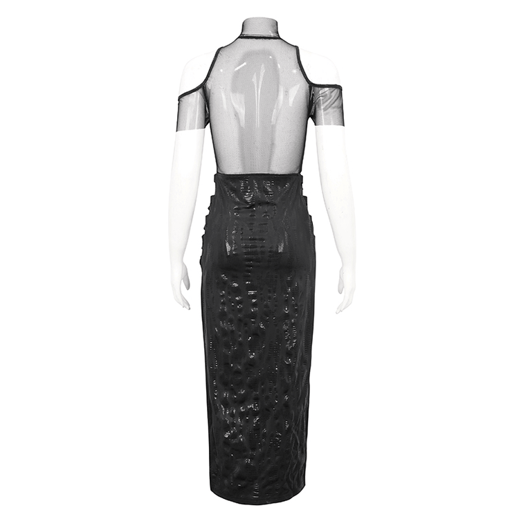 Black Irregular Off Shoulder Splice Split Dress / Women's Mesh Slim Fitted Dress on Sides - image 5