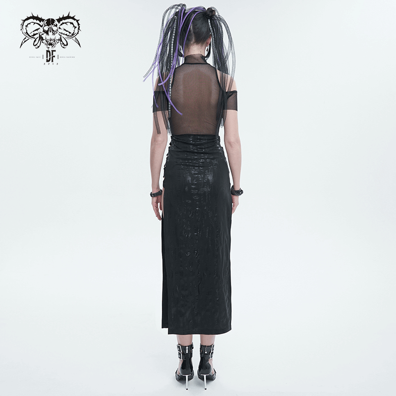 Black Irregular Off Shoulder Splice Split Dress / Women's Mesh Slim Fitted Dress on Sides - image 7