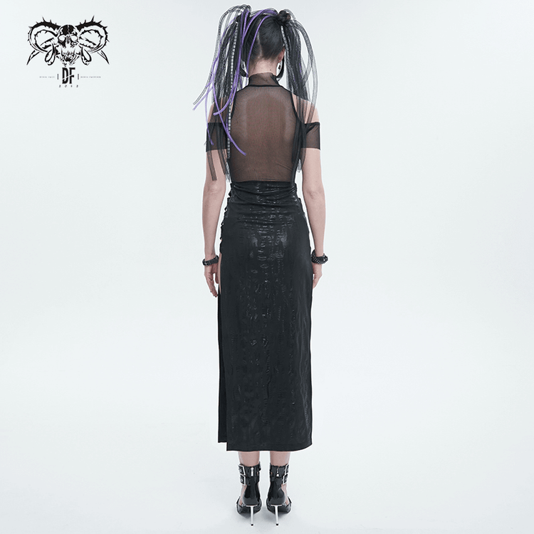 Black Irregular Off Shoulder Splice Split Dress / Women's Mesh Slim Fitted Dress on Sides - image 7