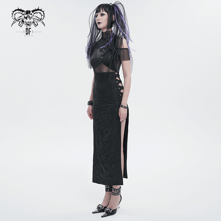 Black Irregular Off Shoulder Splice Split Dress / Women's Mesh Slim Fitted Dress on Sides - image 8