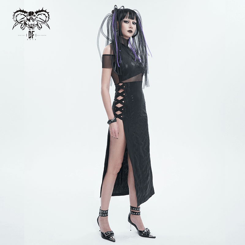 Black Irregular Off Shoulder Splice Split Dress / Women's Mesh Slim Fitted Dress on Sides - image 9