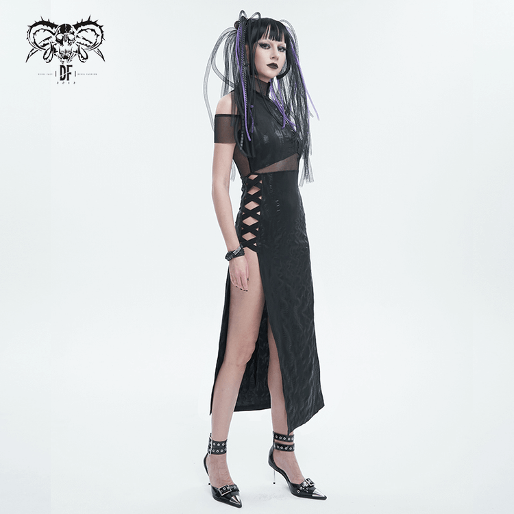 Black Irregular Off Shoulder Splice Split Dress / Women's Mesh Slim Fitted Dress on Sides - image 9