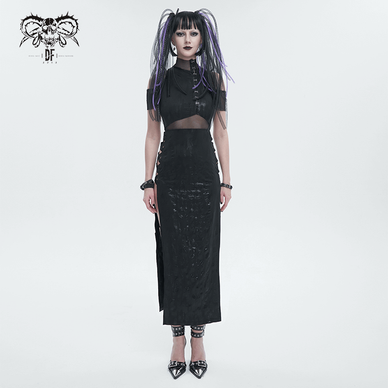 Black Irregular Off Shoulder Splice Split Dress / Women's Mesh Slim Fitted Dress on Sides - image 6