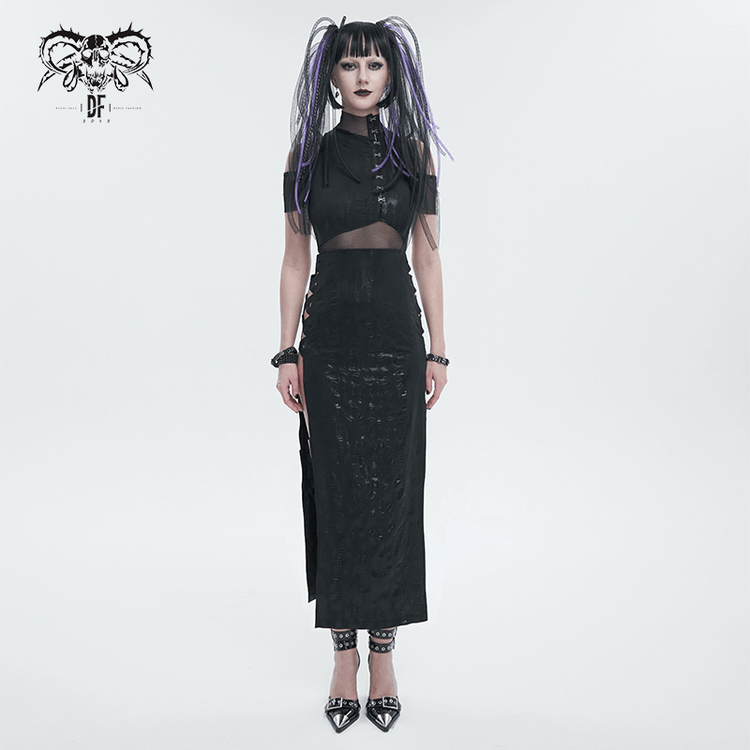 Black Irregular Off Shoulder Splice Split Dress / Women's Mesh Slim Fitted Dress on Sides - image 6