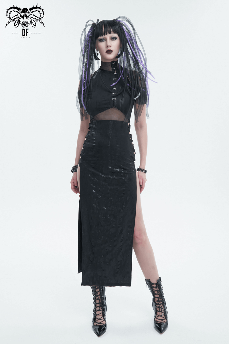 Black Irregular Off Shoulder Splice Split Dress / Women's Mesh Slim Fitted Dress on Sides - image 10