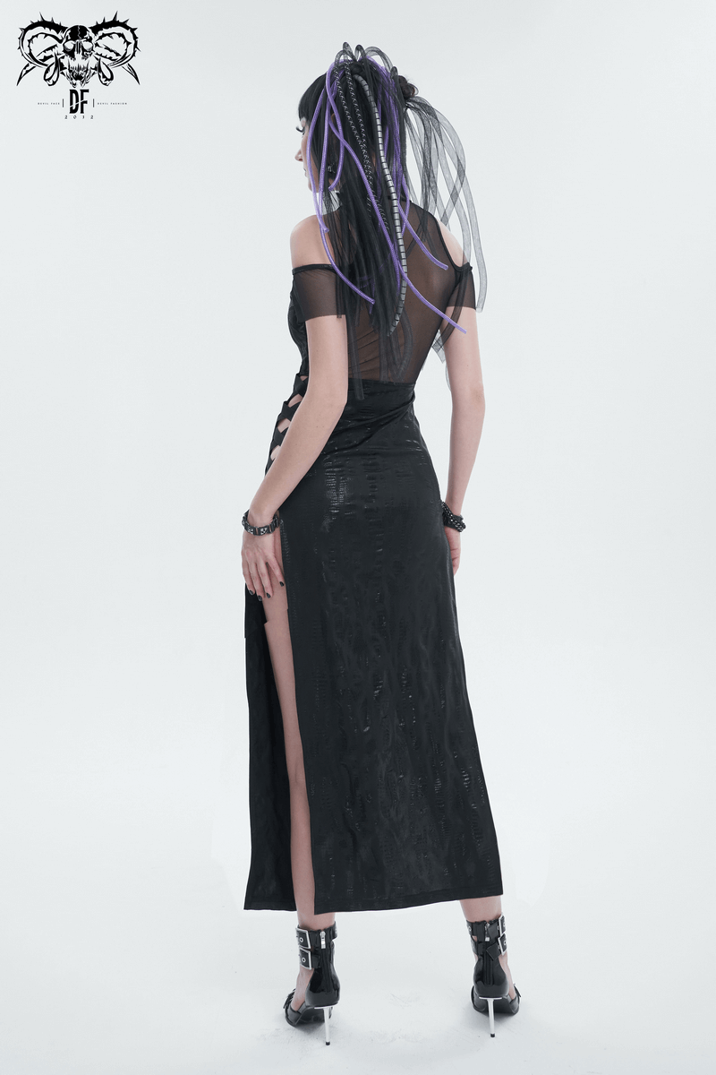 Black Irregular Off Shoulder Splice Split Dress / Women's Mesh Slim Fitted Dress on Sides - image 11