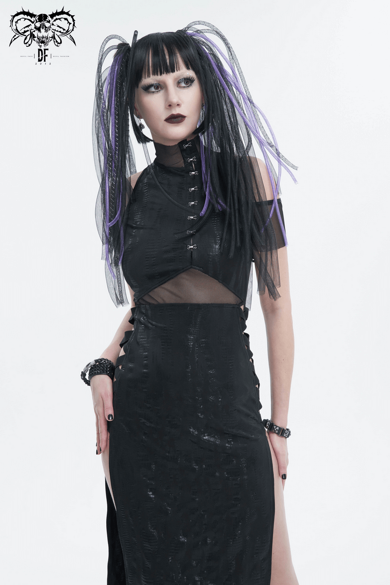 Black Irregular Off Shoulder Splice Split Dress / Women's Mesh Slim Fitted Dress on Sides - image 12