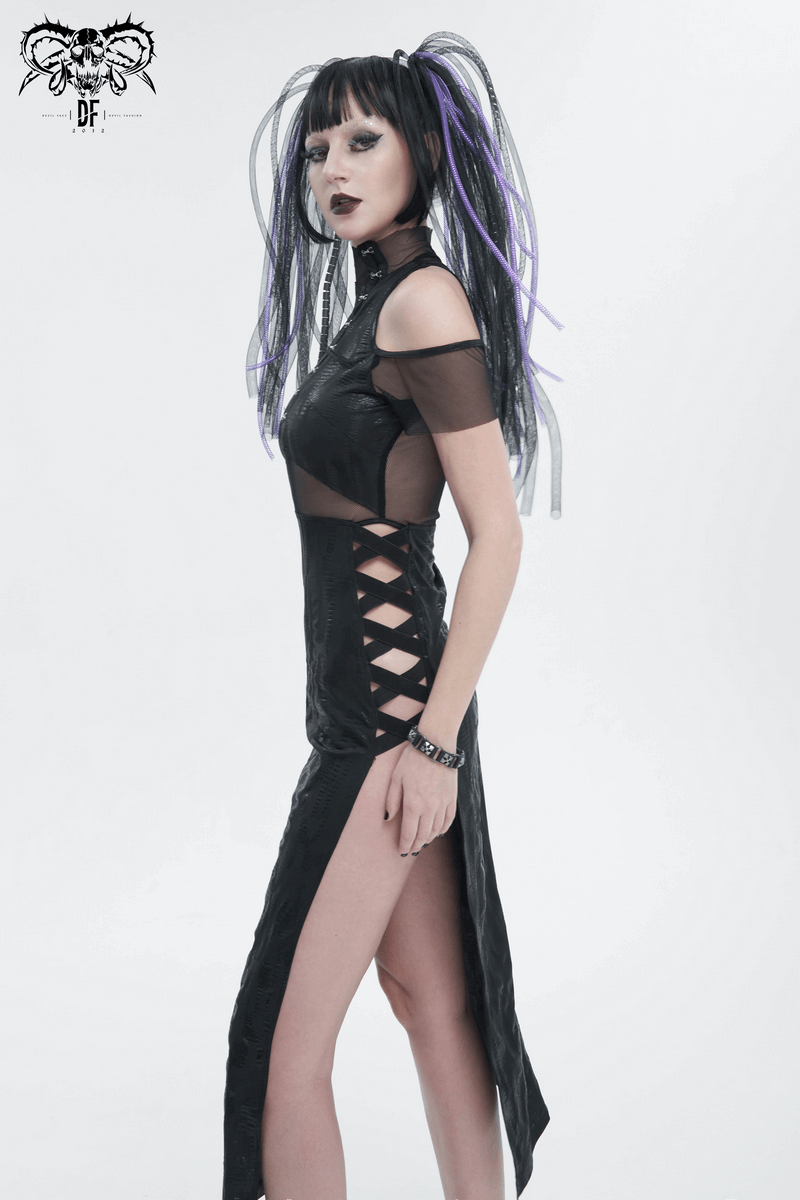 Black Irregular Off Shoulder Splice Split Dress / Women's Mesh Slim Fitted Dress on Sides - image 13