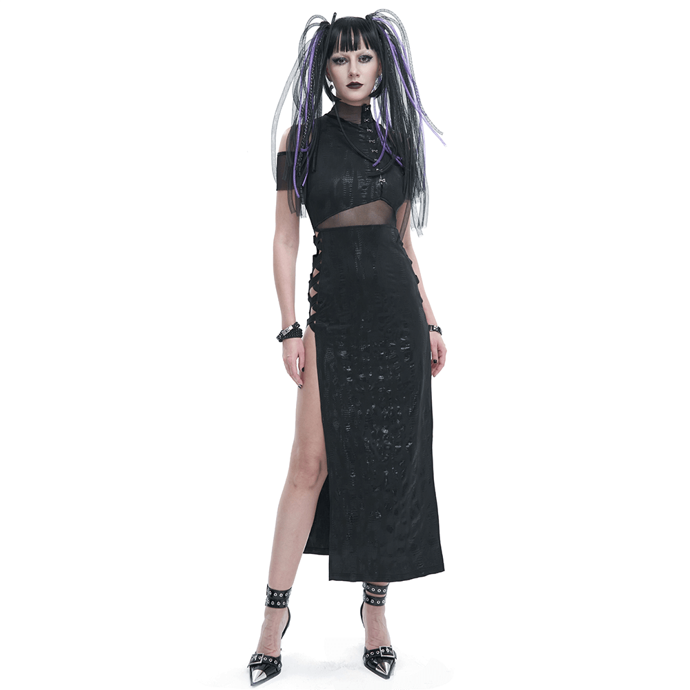 Black Irregular Off Shoulder Splice Split Dress / Women's Mesh Slim Fitted Dress on Sides - image 1
