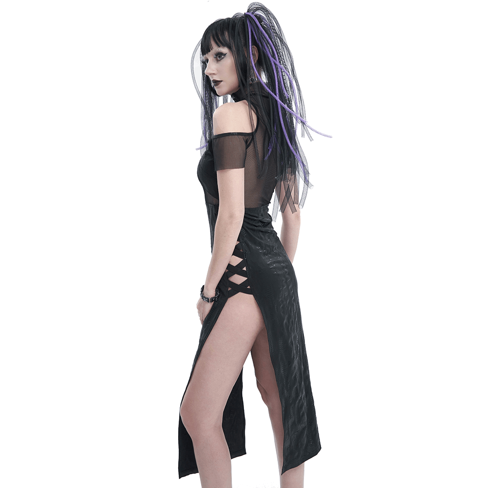 Black Irregular Off Shoulder Splice Split Dress / Women's Mesh Slim Fitted Dress on Sides - image 2