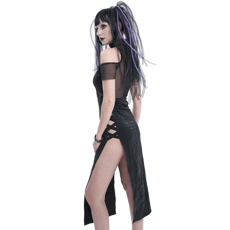 Black Irregular Off Shoulder Splice Split Dress / Women's Mesh Slim Fitted Dress on Sides - image 2