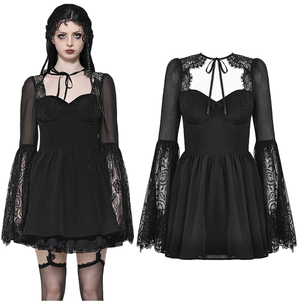 Black Lace Bell Sleeved Dress with Corset Back Detail - image 3