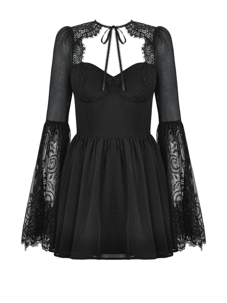 Black Lace Bell Sleeved Dress with Corset Back Detail - image 4