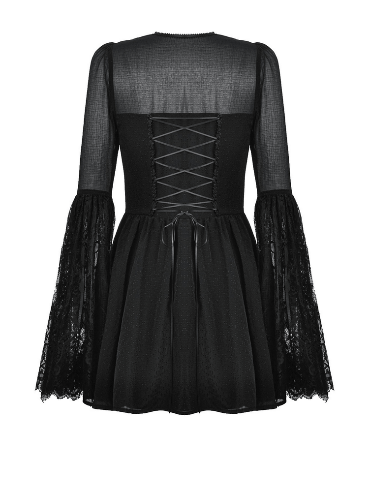 Black Lace Bell Sleeved Dress with Corset Back Detail - image 5