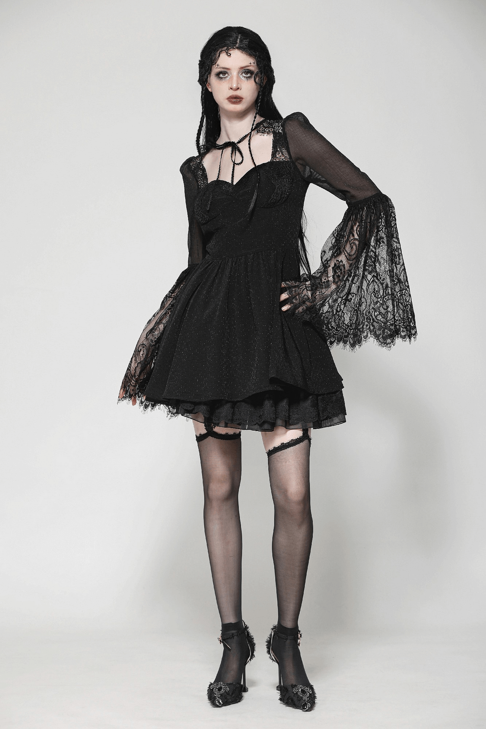 Black Lace Bell Sleeved Dress with Corset Back Detail - image 12