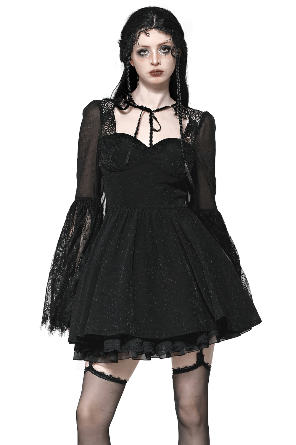 Black Lace Bell Sleeved Dress with Corset Back Detail - image 1