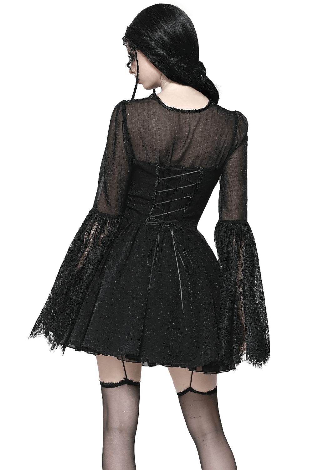 Black Lace Bell Sleeved Dress with Corset Back Detail - image 2