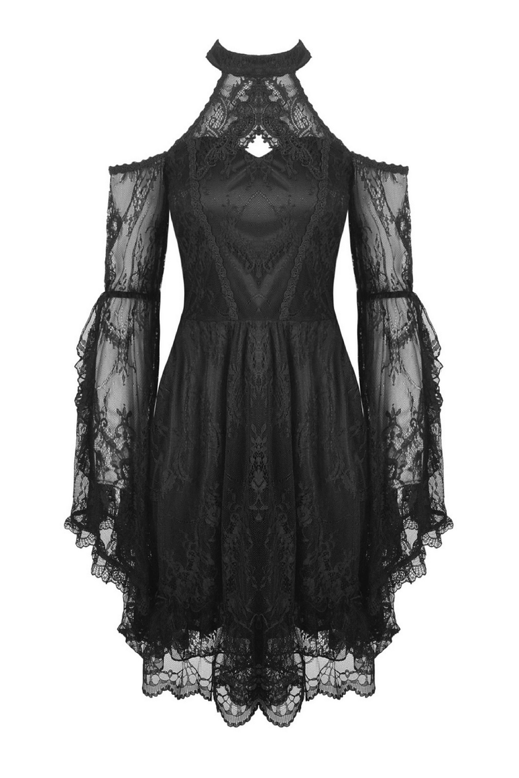 Black Lace Cold Shoulder Dress with Bell Sleeves and Choker - image 4