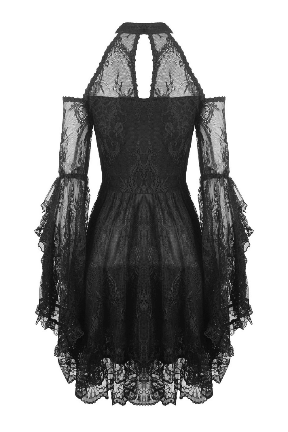 Black Lace Cold Shoulder Dress with Bell Sleeves and Choker - image 5