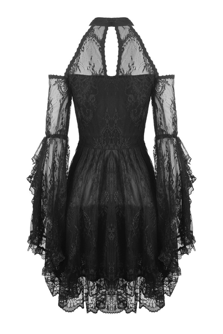 Black Lace Cold Shoulder Dress with Bell Sleeves and Choker - image 5