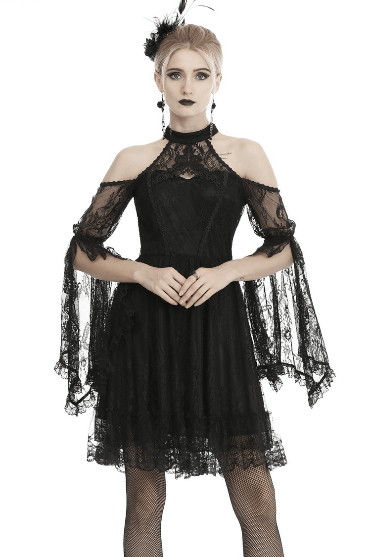 Black Lace Cold Shoulder Dress with Bell Sleeves and Choker - image 1