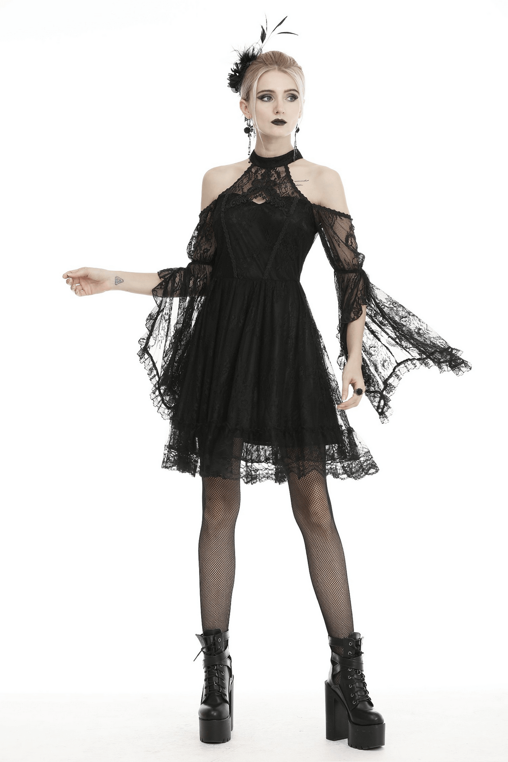 Black Lace Cold Shoulder Dress with Bell Sleeves and Choker - image 13