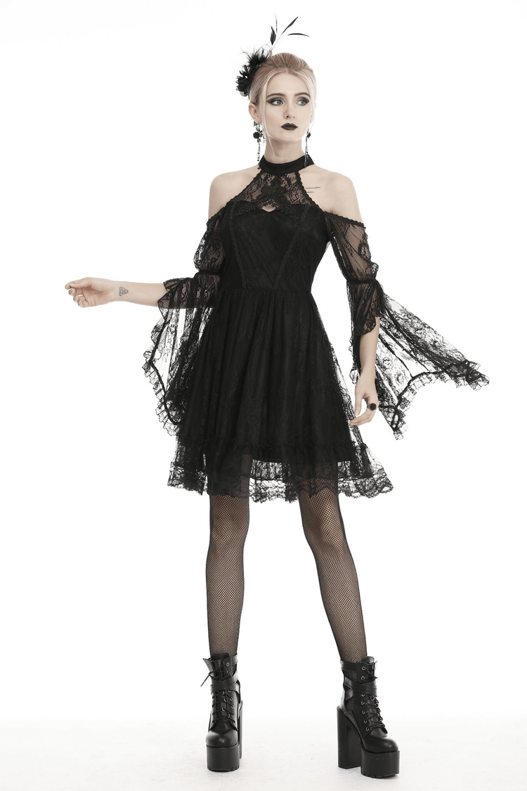 Black Lace Cold Shoulder Dress with Bell Sleeves and Choker - image 13