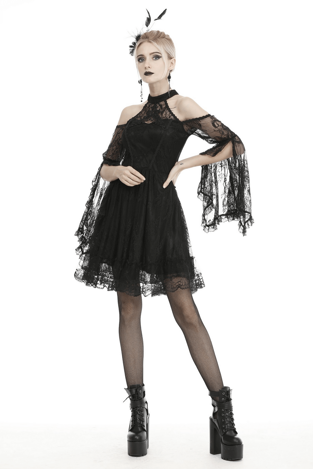 Black Lace Cold Shoulder Dress with Bell Sleeves and Choker - image 15