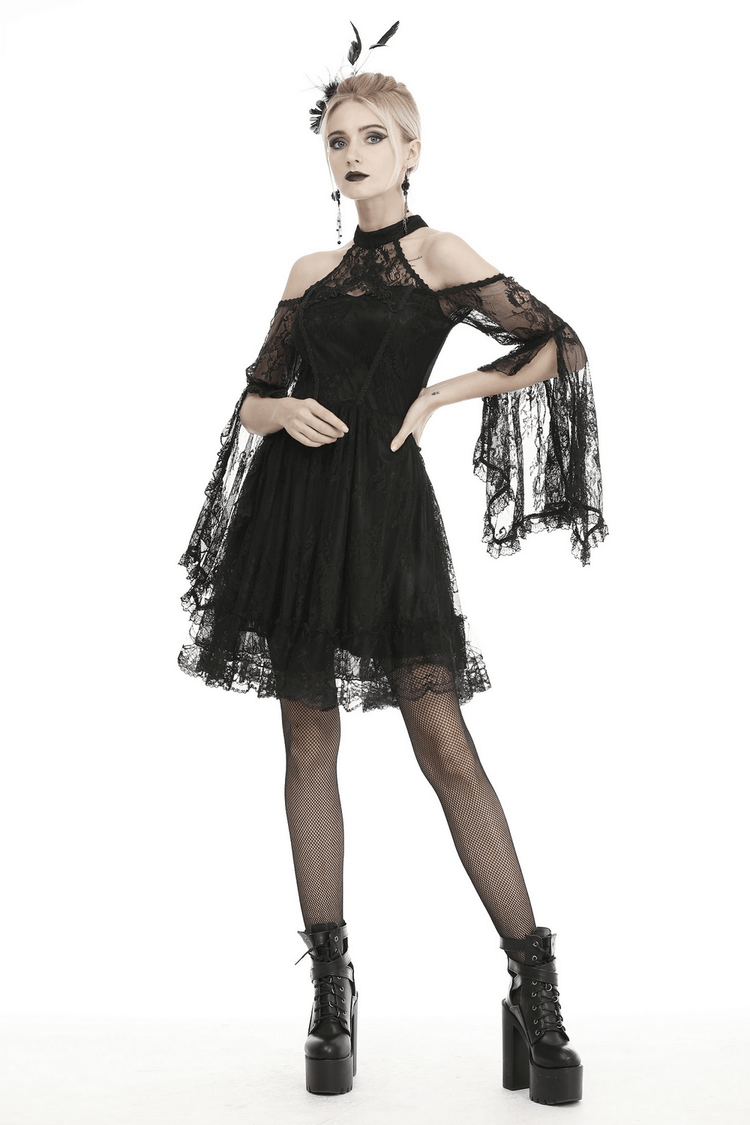 Black Lace Cold Shoulder Dress with Bell Sleeves and Choker - image 15