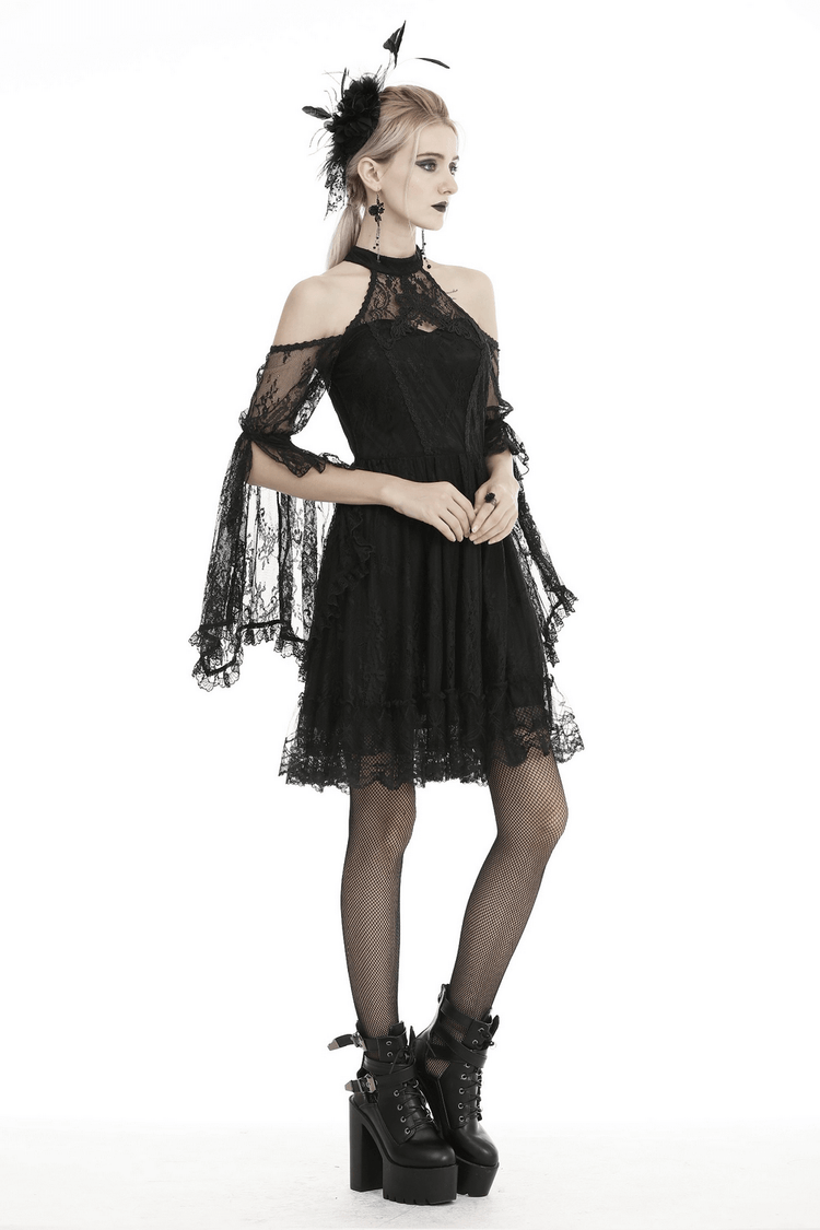 Black Lace Cold Shoulder Dress with Bell Sleeves and Choker - image 14