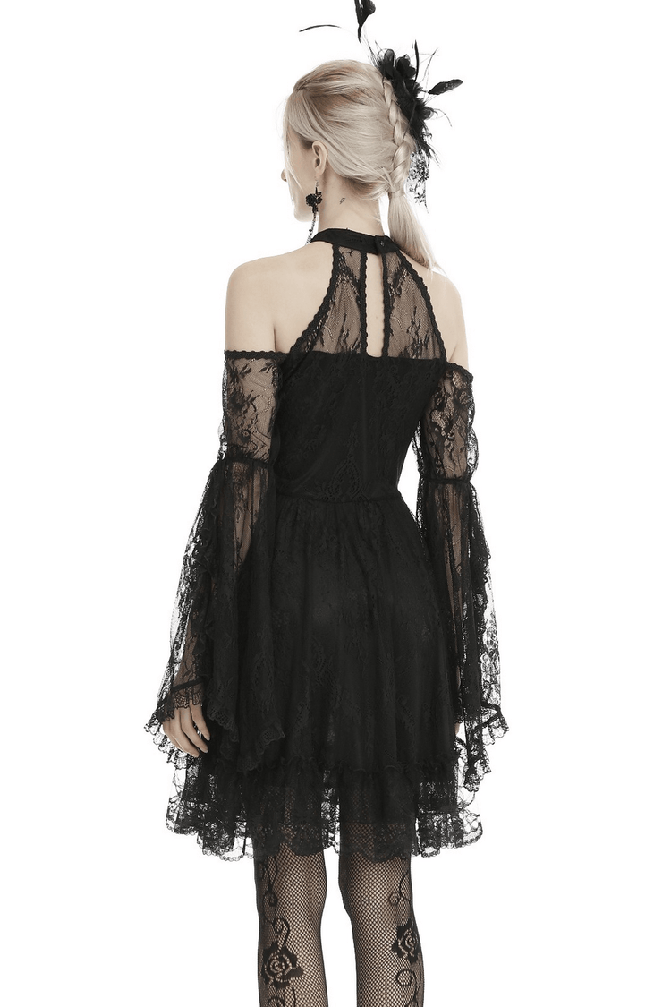 Black Lace Cold Shoulder Dress with Bell Sleeves and Choker - image 2