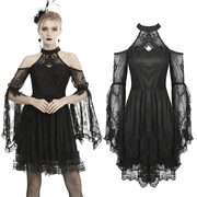 Black Lace Cold Shoulder Dress with Bell Sleeves and Choker - image 3